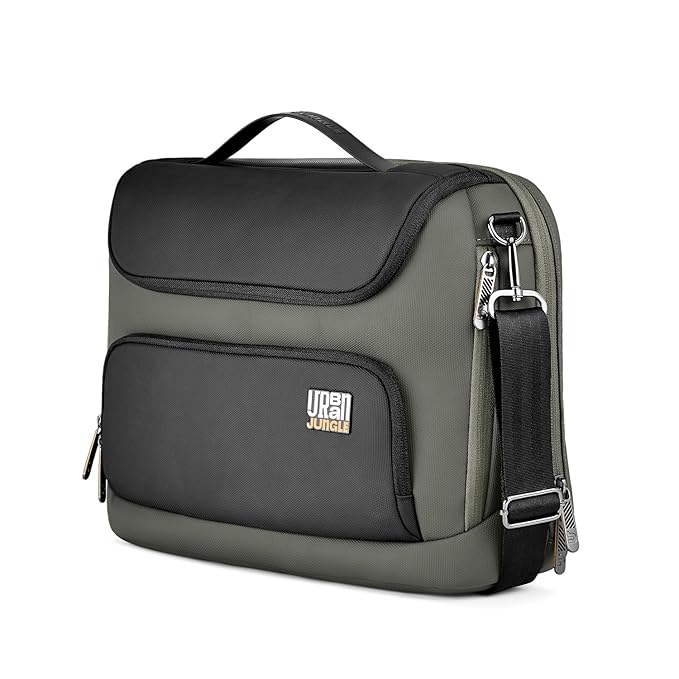 Green and black Urban Jungle laptop bag with shoulder strap and multiple compartments.