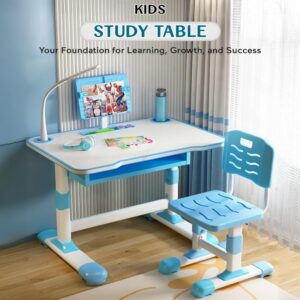 StarAndDaisy Kids Functional Desk Chair Set 3-12years Boys Girls/Kids Study Table with Height Adjustable/Study Table with Bookholder, LED Lamp, Storage Box. (K80-Blue)