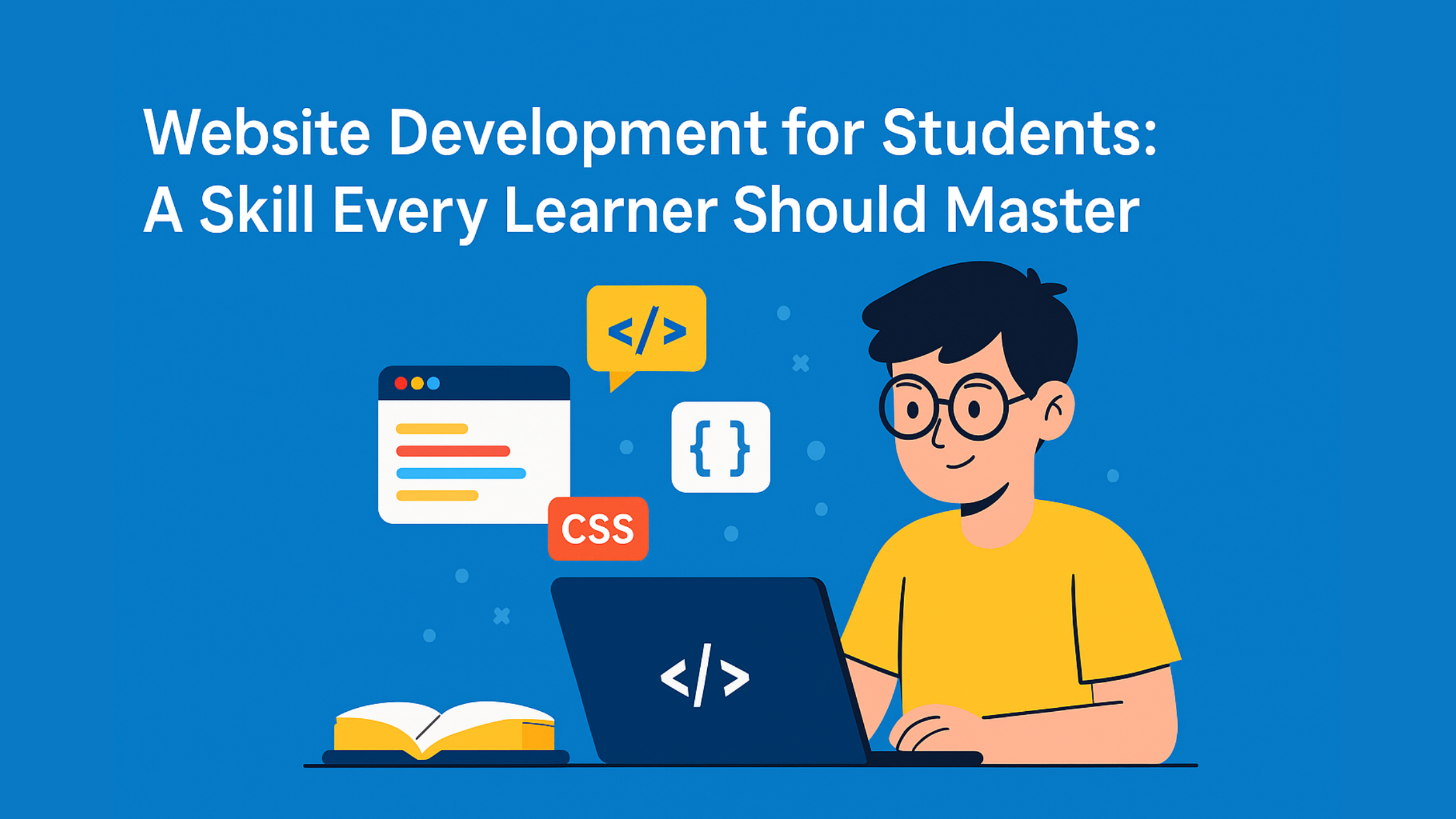 Student learning website development on laptop with coding icons around, symbolizing website development for students